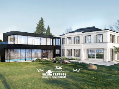 Проект 2 этажного дома из блоков с террасой и плоской кровлей